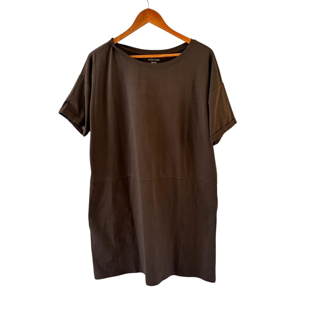 Eileen Fisher Dress Womens M Brown Organic Cotton Jersey T Shirt Pockets Casual